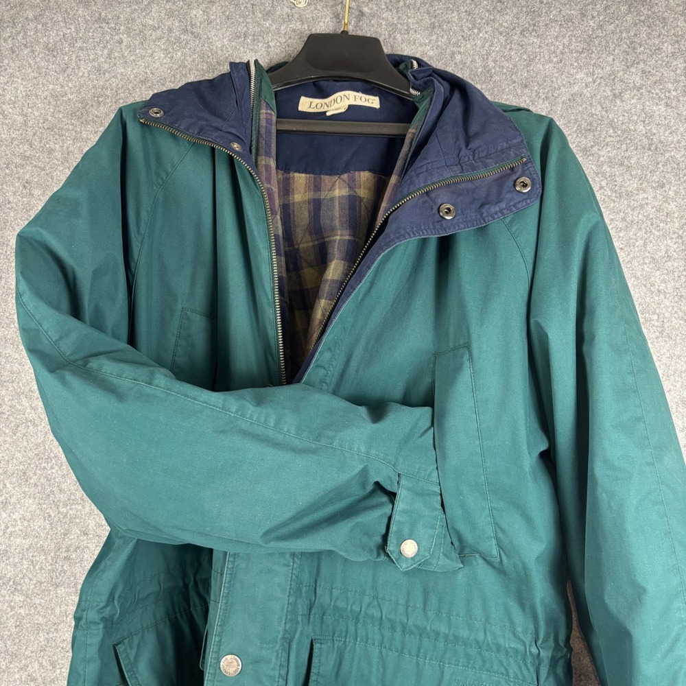 London Fog Parka Jacket Mens M Long Green Plaid Lined Hooded Utility Coat